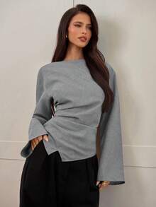 Aloruh Women's Autumn/Winter New Commuting V-Neck Pullover Shirt With Waist Ruching, Asymmetric Hem And Bell Sleeves, Minimalist And Fashionable - Grey - View 4