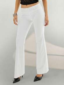 Aloruh Women's Solid Color Low Waist Lace Patchwork Black Maxi Pants - White - View 5