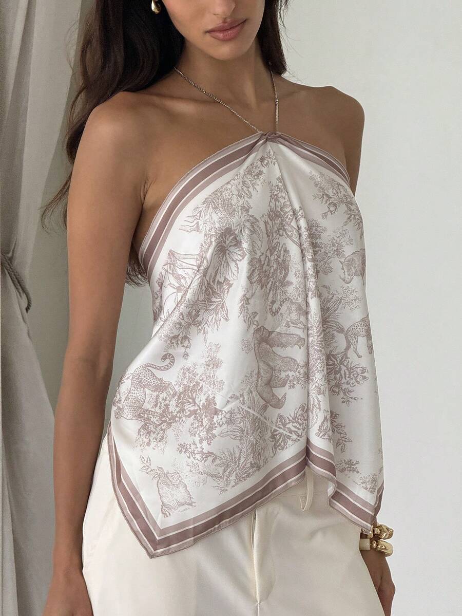 Aloruh 女士优雅扎染缎面印花露背沙滩度假围巾上衣，夏季上衣，女士夏季装，女士沙滩装，女士外出装，优雅女士上衣，复古女式上衣