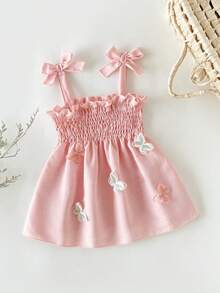 SHEIN Đầm xếp ly không tay nhiều màu sắc cho bé gái, kiểu dáng công chúa ngọt ngào, dài ngang gối, thích hợp cho kỳ nghỉ và tiệc tùng mùa hè. - Màu Hồng baby - Xem 3