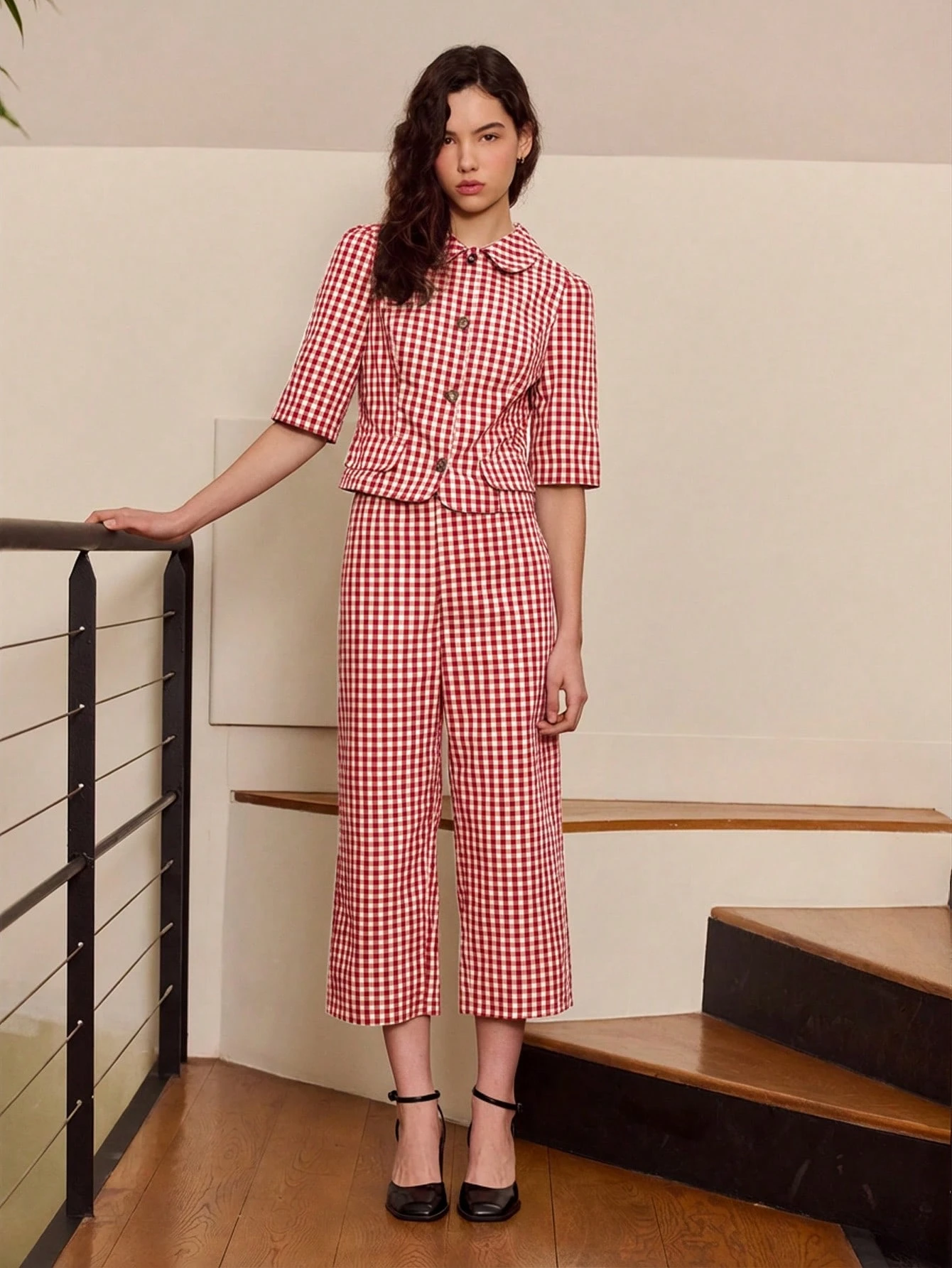 Pantaloni a gamba larga a quadri verdi in stile vintage carino