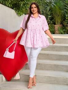 SHEIN CURVE+ Valentine's Day Plus Size Open Front Raglan Short Sleeve Striped Bow Print Peplum Blouse,Going Out,Tunic Top,Formal Tops For Women,Teacher Shirts - Pink - View 3