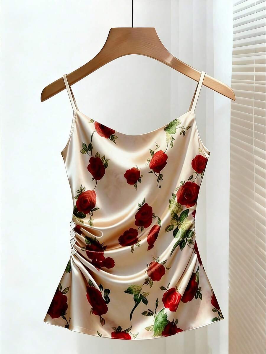 SHEIN Franclia Áo hai dây không tay cổ chữ V chéo bằng satin cao cấp cho mùa xuân và hè, áo dành cho ngày Valentine, áo ren họa tiết hoa hồng mang lại cảm giác sang trọng. Thiết kế xếp ly độc đáo và tinh tế. Áo hai dây satin màu sâm panh với phần eo xếp ly, và áo satin ôm sát màu mơ. Thích hợp cho kỳ nghỉ hè, mùa xuân, ngày Valentine. - Nhiều màu - Xem 1