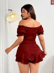 Flirla 大码性感露肩外出上衣和短裤两件套，蝴蝶结装饰，休闲海滩度假装 - 酒紅色 - 查看 6