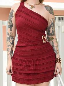 Arliah 优雅不对称领口上衣和荷叶边半身裙套装，夏季 - 酒紅色 - 查看 6