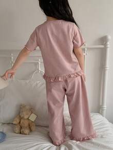 DAZY Young Girl Striped Round Neck Ruffle Trim Short Sleeve Top And Wide Leg Pants Casual Loungewear Set - Pink - View 5