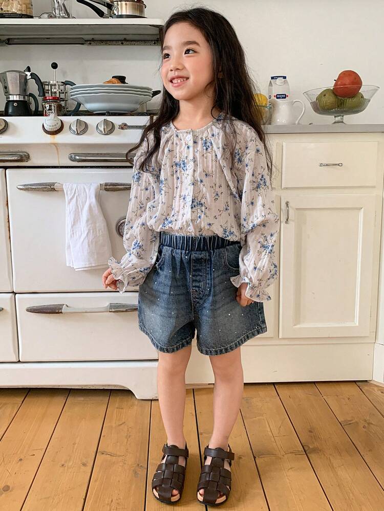 Young Girl Elastic Waist Pockets Rhinestone Embellished Loose Fit Denim Shorts Summer