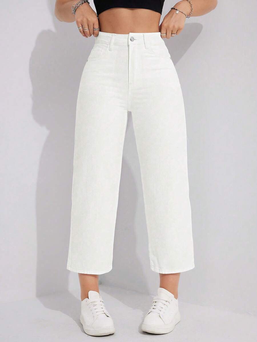 SHEIN Unity 女士纯色中腰直筒宽松休闲牛仔裤 - 白色 - 查看 1