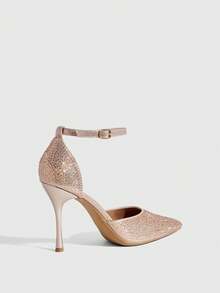 CUCCOO SZL 女士时尚尖头香槟色全钻踝带镂空高跟鞋，性感宴会派对女士高跟鞋 - 香檳色 - 查看 4