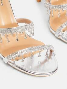 Glitzique Giày cao gót Stiletto cho nữ, thời trang tối giản quai dán đá Rhinestone, mũi tròn, kiểu dáng cơ bản cho mùa hè và mùa thu - Bạc - Xem 11