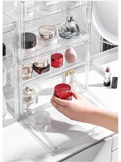 1个亚克力化妆品收纳盒，分类整理盒，分层设计，多种尺寸可选，适合存放化妆品、杂物、书籍、玩偶、桌面用品和浴室用品。