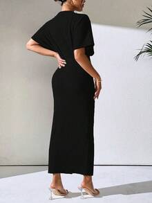 EMERY ROSE 1pc Women's Solid Color V-Neck Batwing Short Sleeve Ruched Slit Bottom Elegant Dress Maxi Women Outfit - Black - View 2