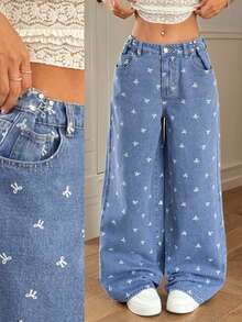 Rivivi Women's Pocket Button Bow Print Casual Versatile Daily Wear Wide Leg Jeans - Blue - View 1