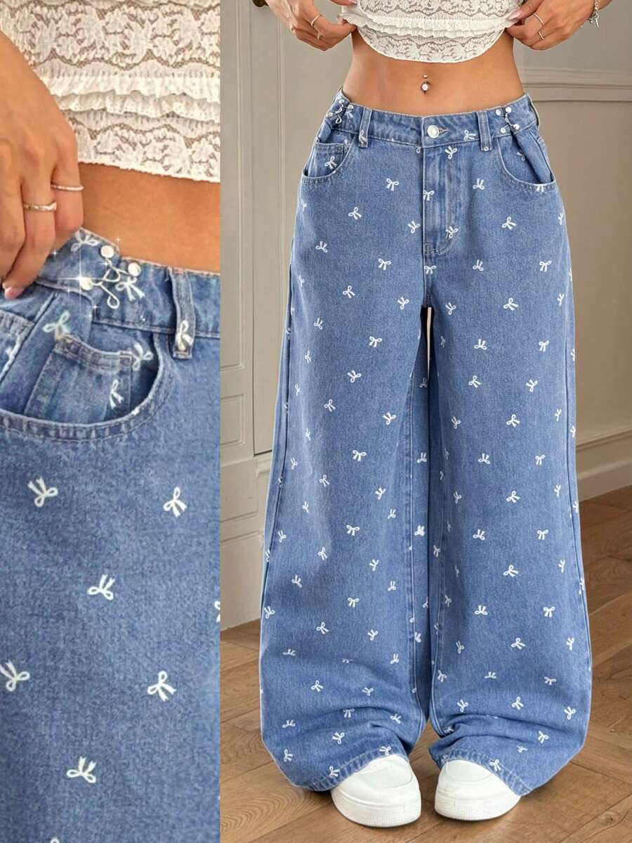 Rivivi Women's Pocket Button Bow Print Casual Versatile Daily Wear Wide Leg Jeans - Blue - View 1