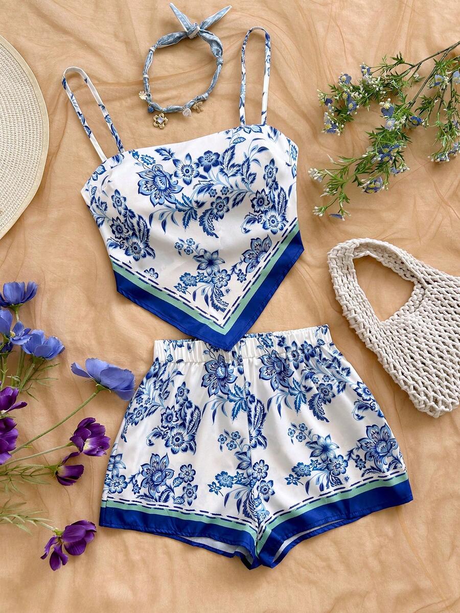 Soleia Bộ đồ nữ gồm áo hai dây và quần short in hoa, kiểu dáng bất đối xứng, thích hợp mặc thường ngày. - Nhiều màu - Xem 1