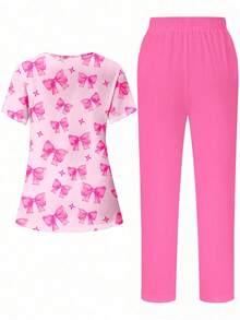 PopScrub Cute Simple Butterfly & Blessing Print V-Neck Scrub Top With Pocket, Short Sleeve Split Hem Nursing Scrub Uniform Set For Women Set Scrub Set Nurse Dresses Scrub Tops Scrub Bottoms Women's V-Neck Short Sleeve Double Pocket Cute Cartoon Animal Pink Heart Rabbit Print Simple Nurse Uniform Set/Doctor Work Uniform Set/ Examination & Surgery Uniform Set/Solid Color Pet Grooming Work Uniform Set/Nutritionist Work Uniform Short Sleeve Set/Functional Multi-Pocket Lab Work Uniform Set - Pink - View 2