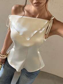 Bluhae Ny, trendig och mångsidig blus i satin med sneda axlar för kvinnor - Aprikos - Visa 1