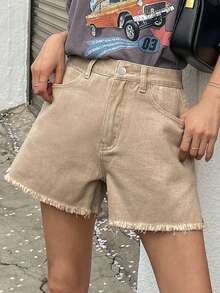 DAZY Raw Hem Wide Leg Denim Shorts, Mom Shorts - Khaki - View 5