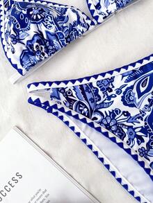 SHEIN 少女全印花挂脖比基尼套装，适合度假休闲 - 藍色 - 查看 7