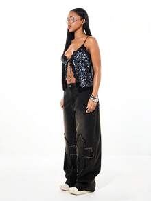 SUMWON WOMEN Áo ngủ hai dây họa tiết da báo, viền ren, có dây buộc phía trước và dây đeo điều chỉnh được, thích hợp mặc ở nhà cho ngày Valentine. - Nhiều màu - Xem 6