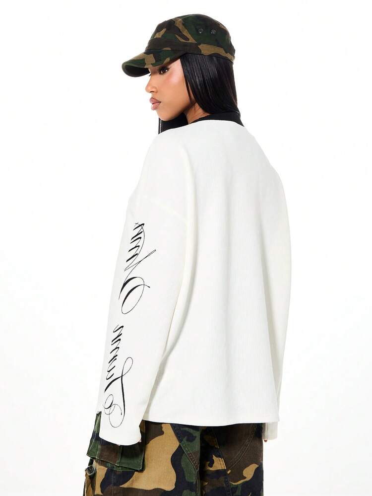 SUMWON WOMEN Oversized Graphic Waffle Knit Long Sleeve Top