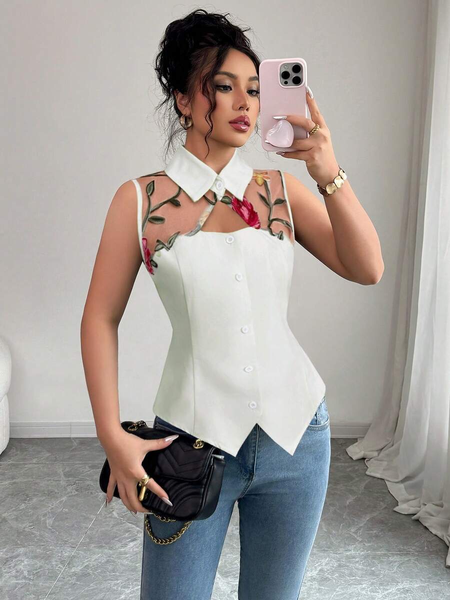 Elenzga Women's Summer New Black Mesh Patchwork 3D Rose Casual Shirt (Random Print) - Apricot - View 1