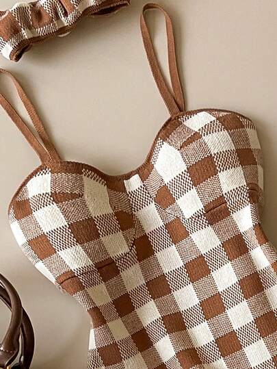 Muvela Women's Vintage Plaid Camisole Knit Top, Spring/Summer