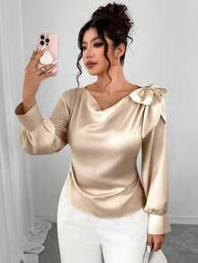 SHEIN PETITE CURVE Blusa elegante in tessuto di raso con fiocco decorativo, collo rotondo, maniche lunghe, vita arricciata, adatta per uscite, pendolarismo, appuntamenti, feste, autunno/inverno, disponibile in taglie petite e taglie forti - Albicocca - Visualizzare 6