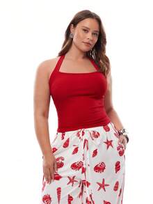 Solavibe Women Plus Size Red And White Summer Casual 2 Piece Set,Halter Neck Solid Top & Loose Wide Leg Pants With Waist Tie,Holiday Beach Vacation Outfit - Red and White - View 7