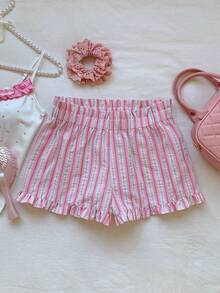 Comfortcana Quần short nữ kẻ sọc, cạp chun, kiểu dáng thường ngày đa năng. - Màu Hồng baby - Xem 7