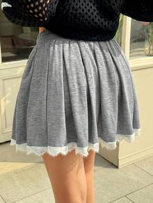 Seusyu Women's Casual Sporty Patchwork Ruffled Hem Pleated Mini Skirt With Drawstring Waist - Grey - View 2