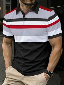 Manfinity Homme 男士休闲通勤撞色条纹短袖Polo衫 - 彩色 - 查看 3