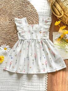 SHEIN Vintaside Kids Vestido lindo con cuello cuadrado y volantes en el bajo para bebé niña recién nacida con estampado floral ditsy - Blanco - Ver 3
