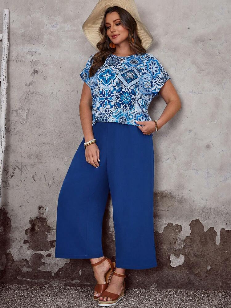 Plus Size Women Floral Print Short Sleeve Top And Wide Leg Pants 2 Piece Set, Casual Outfit Summer Outfits Beach Outfit For Women Summer Holiday Outfits Casual Outfit For Women Summer Outfit For Women Beach Vacation Outfits Boho Pants For Women Blouse And Pants Set Blue 2 Piece Set Women Mediterranean Style Clothes Summer Outfits  Beach Vacation Outfits For Women BOHO Clothes Women Vacation Outfit Sets Santorini Outfit For Women Women 2 Piece Outfit Casual