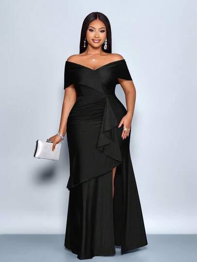 SOLERSUN Vestido azul marino elegante con hombros descubiertos y volantes en el bajo para mujer de talla grande, adecuado para fiestas de Navidad, vacaciones, citas y San Valentín, atuendos de club sexy, vestido maxi, vestido elegante para mujer, vestido de fiesta, vestido formal, vestido blanco, vestido de noche de lujo para mujer, vestido de invitada de boda, 2026, Año Nuevo