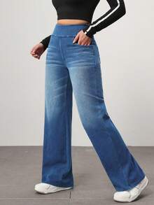 Flexra Petite Quần Jeans Ống Rộng Dáng Rộng Có Túi Lưng Thun Cho Nữ - Rửa nhẹ - Xem 3