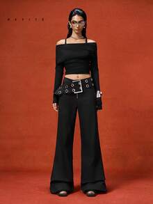 LYSMO Petite 女士金属扣眼腰休闲裤 - 黑色 - 查看 6