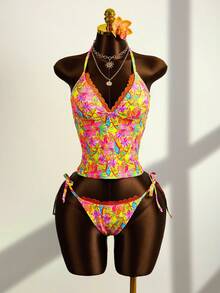 Zestiva Women's Summer Vacation Casual Beach Wear Tropical Floral Print Strapless Bandeau Tie Back Camisole Strap Bikini Lace Trim Two Pieces Swimsuit Set - Multicolor - View 1