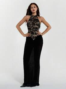 SHEIN ICON Women's Halter Backless Lace Bodycon Long Dress, Sexy For Party Golf And Occasion Elegant Dress Pastal Summer - Black - View 3