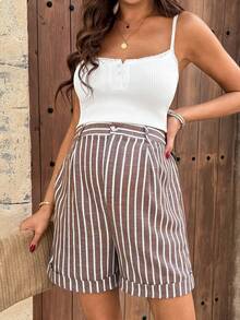 SHEIN 孕妇休闲条纹口袋褶皱宽松短裤，夏季 - 彩色 - 查看 5