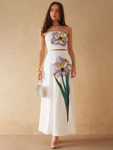 Silquee 女士花卉印花优雅中长裙 - 白色 - 查看 1