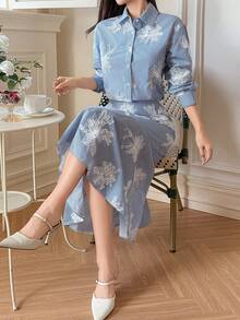 DAZY Women's Elegant Striped Floral Print Blouse And Fishtail Skirt 2-Piece Set, Spring/Summer - Blue - View 6