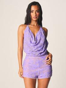 MISSGUIDED Áo kiểu mùa hè không tay cổ yếm, xếp ly, in họa tiết paisley đính sequin màu tím, có chi tiết buộc dây và cổ đổ. Áo thời trang - Màu tím - Xem 4