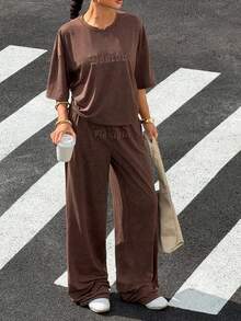 SHEIN EZwear Summer Casual Sets For Women Embroidery Letter Pattern Drop Shoulder Tee & Wide Leg Pants Set - Coffee Brown - View 7