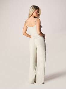 MISSGUIDED Sage Ribbed Tank Top And Wide Leg Pants Lounge Set With Button Detail Soft Feel Casual Coordinated Sleepwear Loungewear Comfort Set - Mint Green - View 3