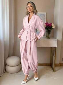 Easowa Women's Stylish Pink Lapel Neck Long Sleeve Blazer And Lantern Pants Two Piece Outfit Set
Elegant Pink Loose Fit Blazer With Belted Waist And Lantern Pants Two Piece Set For Women
Women's Chic Pink Long Sleeve Notch Lapel Blazer And Lantern Pants Matching Two Piece Outfit Valentine Outfits For Women Pink Suits For Women - White - View 1