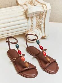 SHUZIA Sandal đế bằng nữ thoải mái, dễ thương, thích hợp cho mùa hè, đi nghỉ mát, đi chơi, với họa tiết đá nhiều màu sắc. - Cà phê nâu - Xem 7