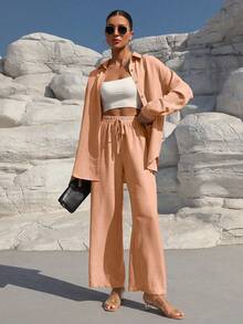 SHEIN LUNE 2pcs Women's Dropped Shoulder Long Sleeve Button Front Casual Versatile Set - Pink - View 1