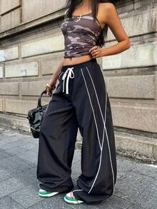 Coolane 女士黑色编织撞色滚边抽绳腰休闲阔腿裤 - 黑色 - 查看 3