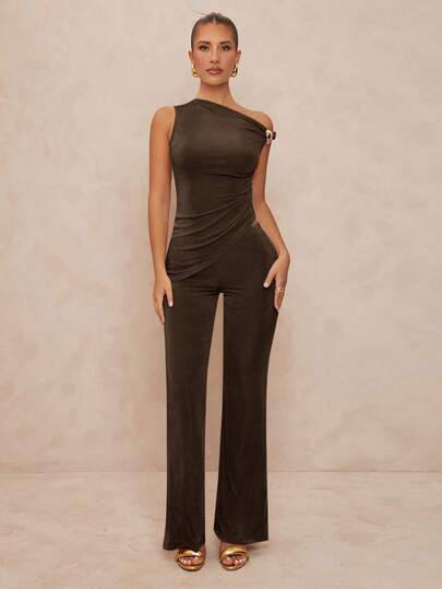 Lumalex 1 Set Women Metal Decor Asymmetric Bodycon Flare Sleeve Top And Skirt